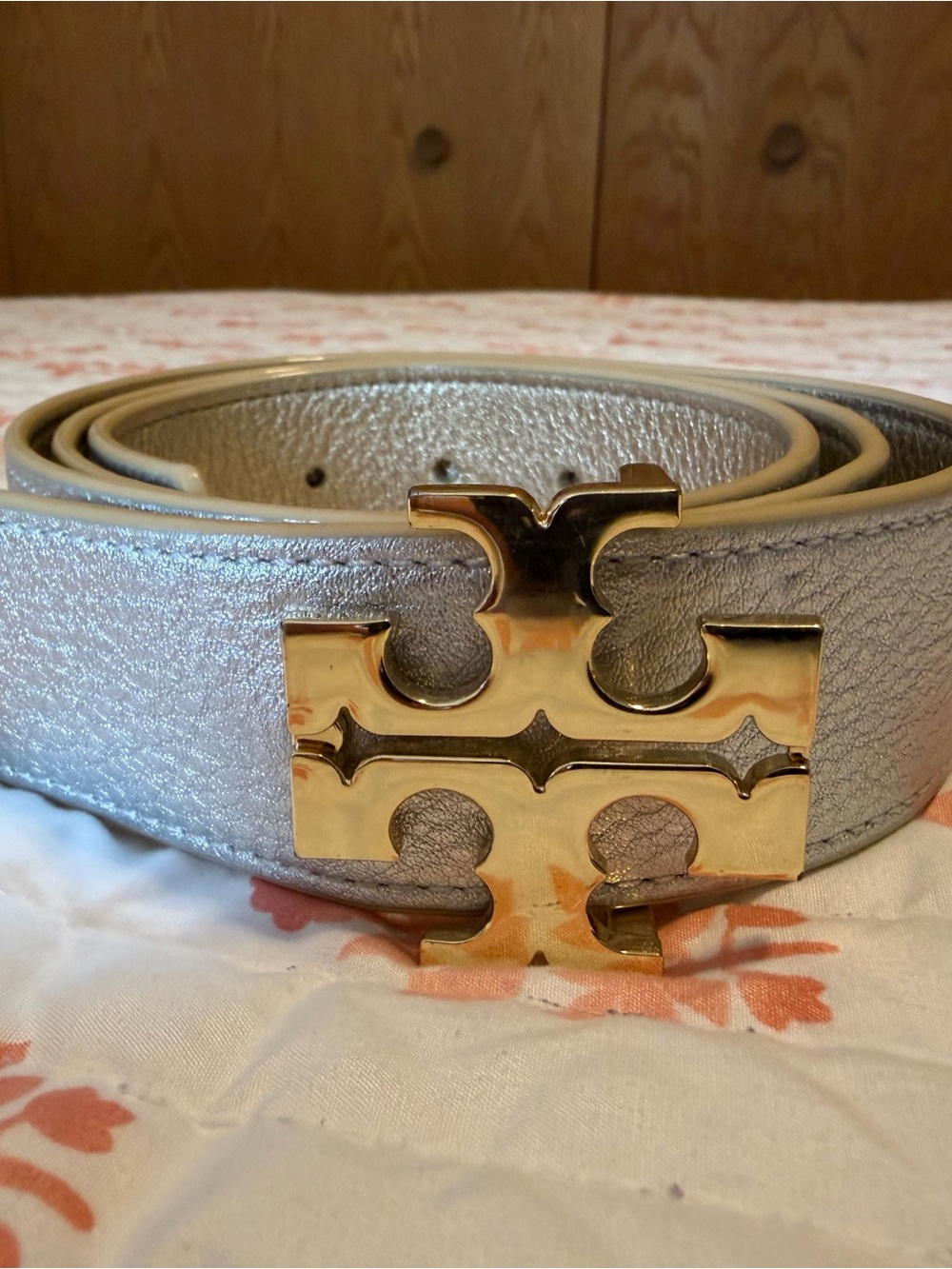 Tory Burch Metallic Silver Leather Belt with Gold Logo Buckle